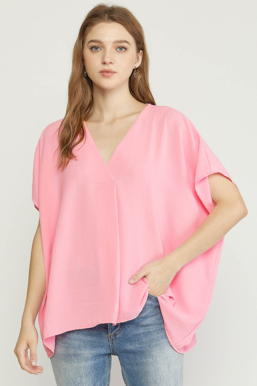 V-Neck Short Sleeve Top - Baby Pink