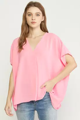 V-Neck Short Sleeve Top - Baby Pink