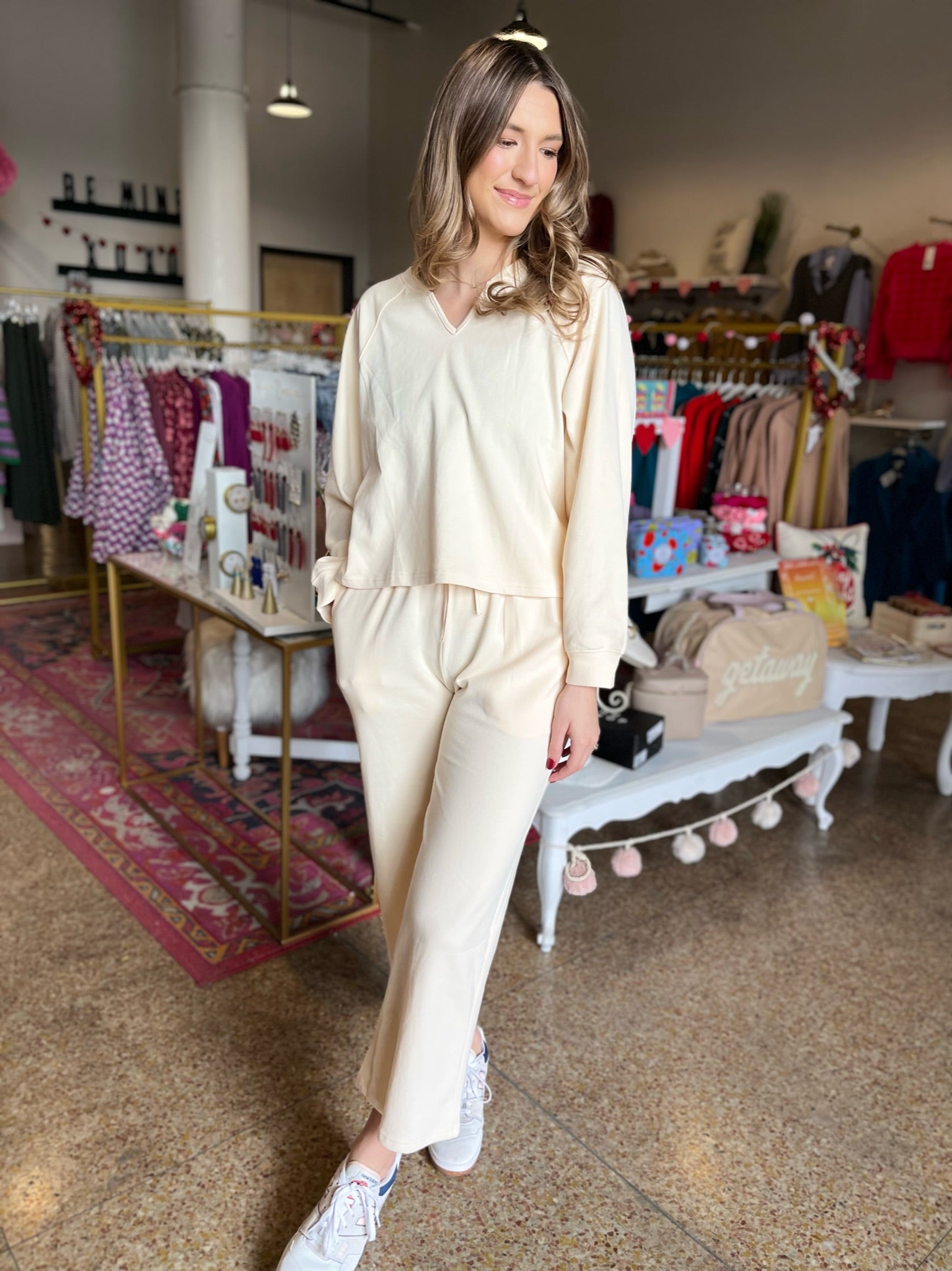 V-Neck Sweatshirt and Pant Set- Cream