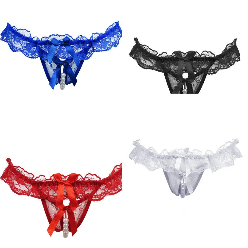 Women Sexy Underwear Lace Bow knickers Open Crotch Thong Mesh Pearl Massage Sex Lady Sexy Pants Underpant