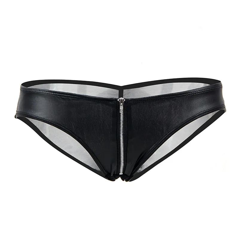 Women's Black Lace Leather Patchwork Low Waist Zipper Panties