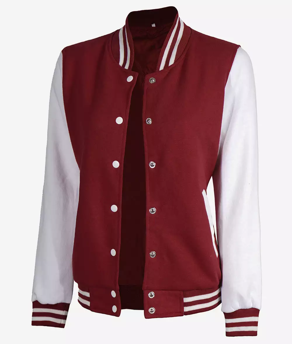 Womens Maroon Varsity Jacket with White Sleeves - Baseball Style Jacket 