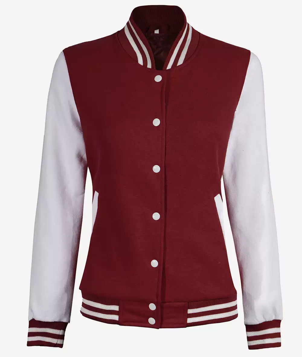 Womens Maroon Varsity Jacket with White Sleeves - Baseball Style Jacket 