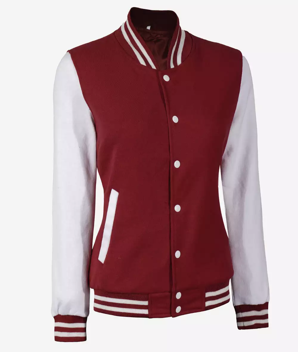 Womens Maroon Varsity Jacket with White Sleeves - Baseball Style Jacket 