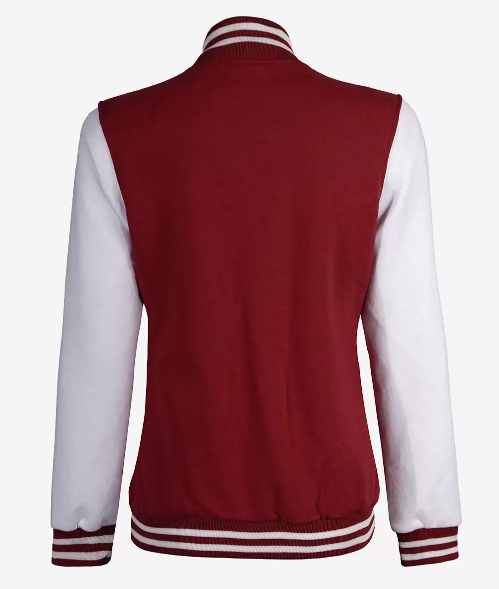 Womens Maroon Varsity Jacket with White Sleeves - Baseball Style Jacket 